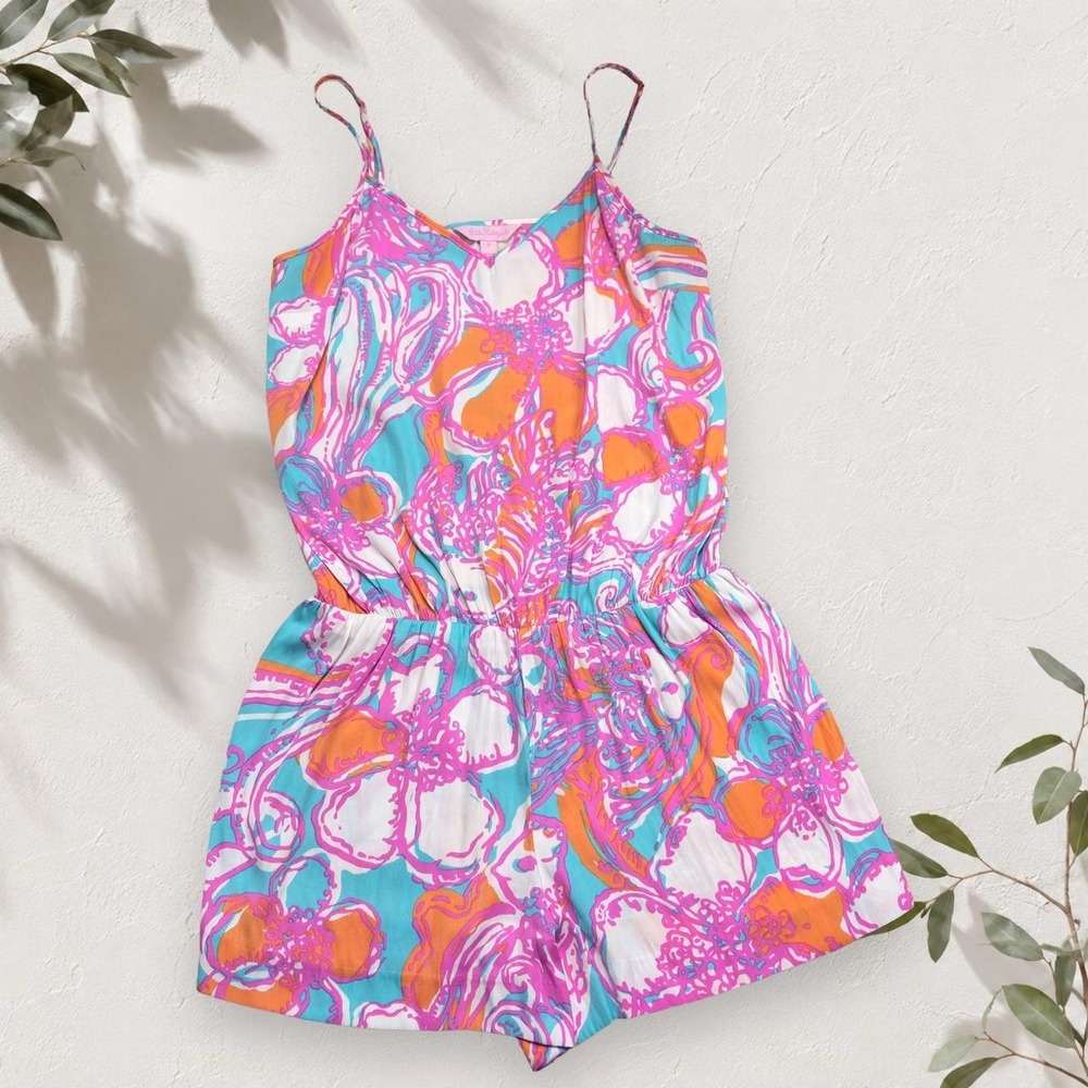 Lilly Pulitzer Deanna Feeling Tanked Romper Pink Turquoise Floral Size S